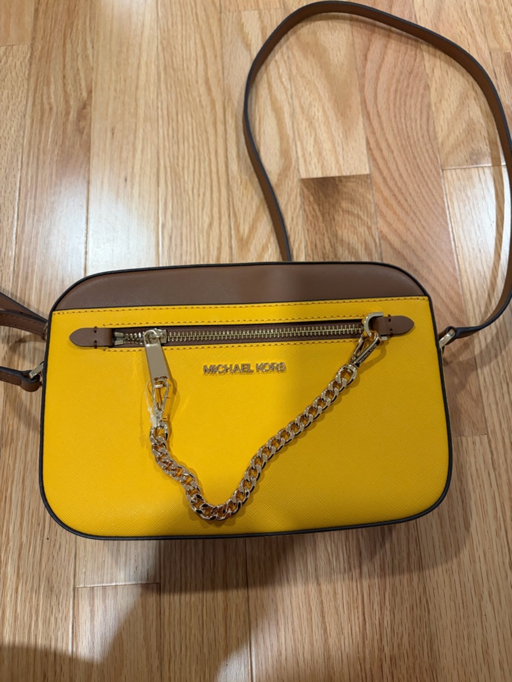 Michael Kors Yellow and Brown Leather Trim Chain Crossbody with wallet